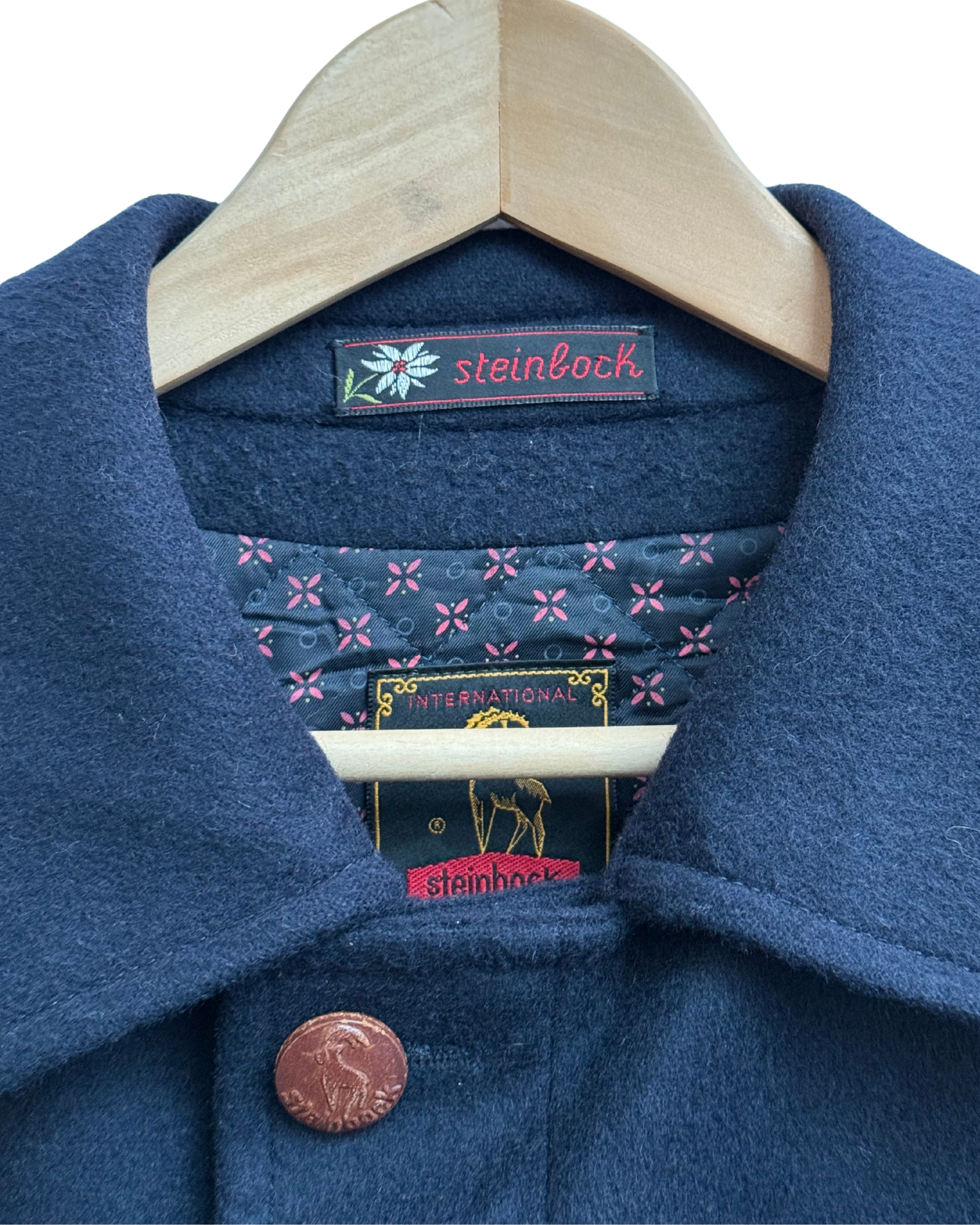 Steinbock label detail inside vintage loden jacket with button detail