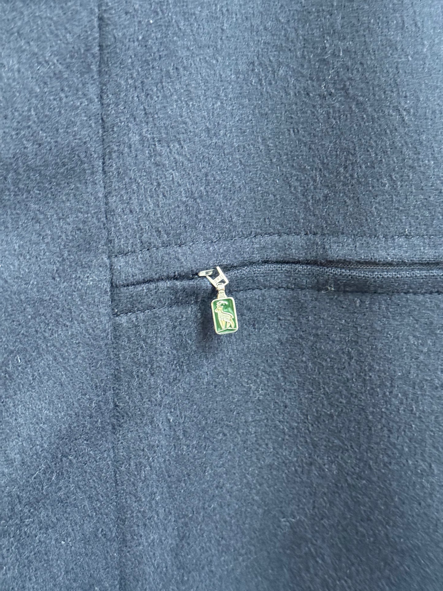 Steinbock zip detail with goat logo outside vintage loden overcoat