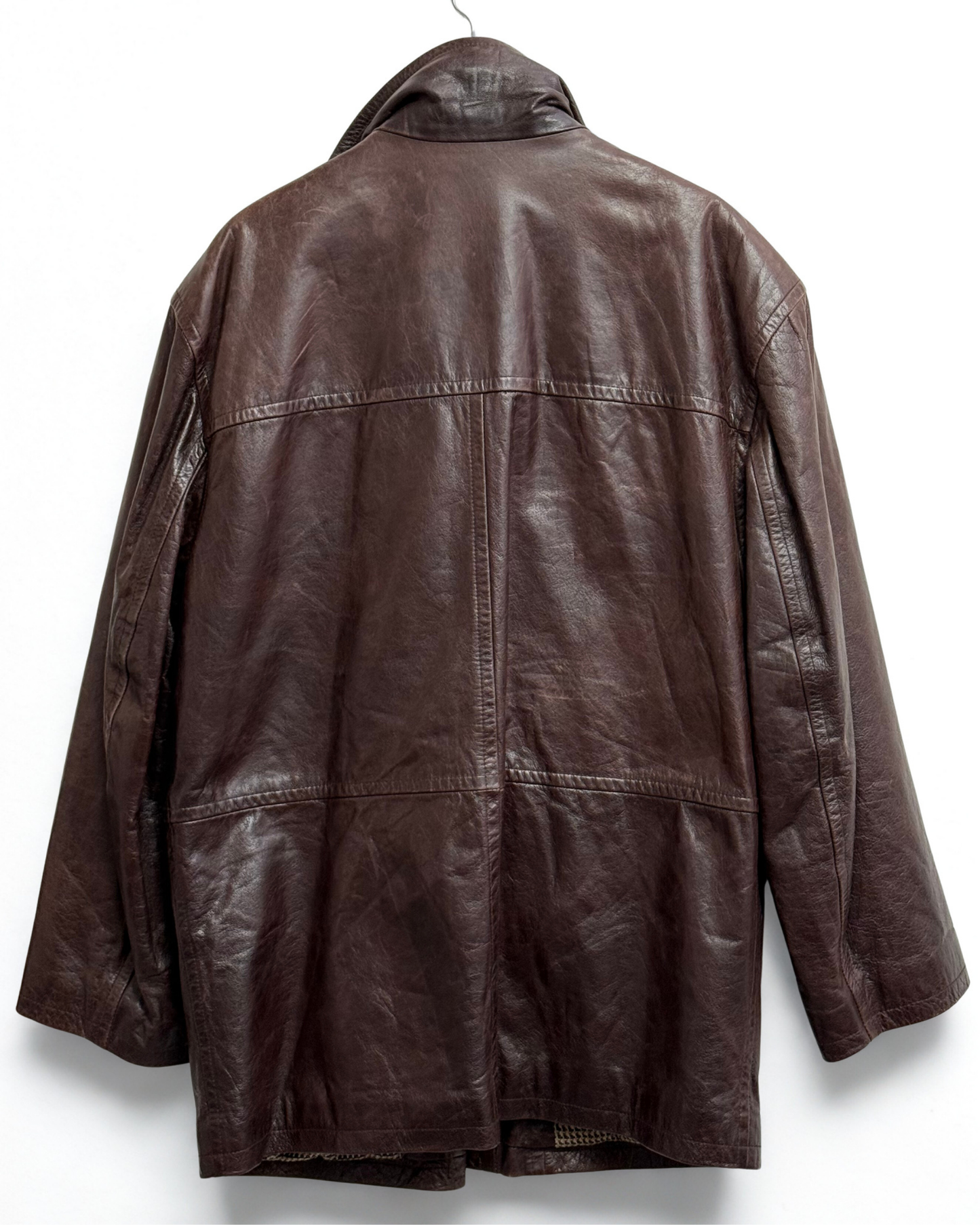 Back view of Patino Road vintage leather overcoat showing silhouette