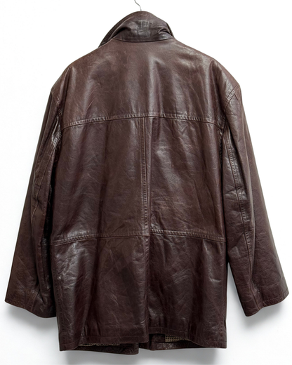 Back view of Patino Road vintage leather overcoat showing silhouette
