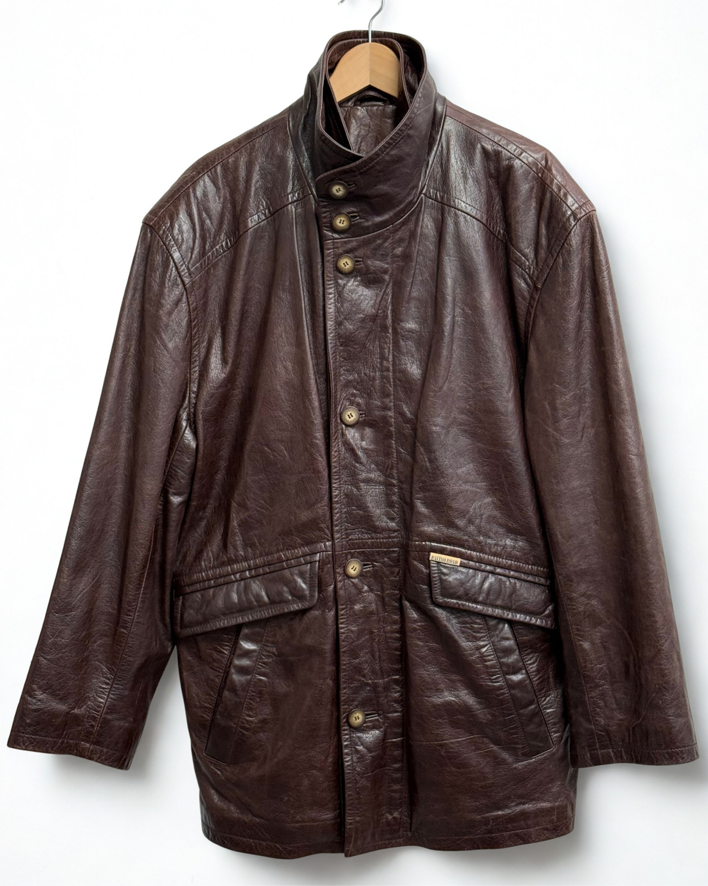 Vintage 1980s Patino Road brown cowhide leather mens overcoat