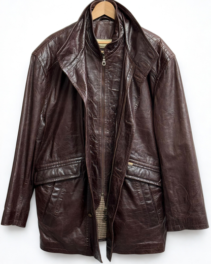 Front view of vintage Patino Road brown leather overcoat