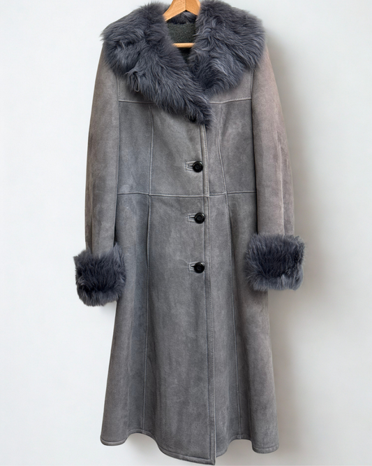 Front view of extra long vintage shearling coat