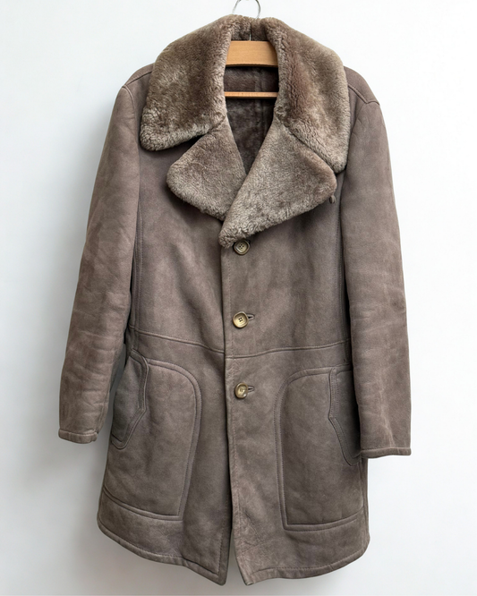 Front view of vintage shearling coat with open collar