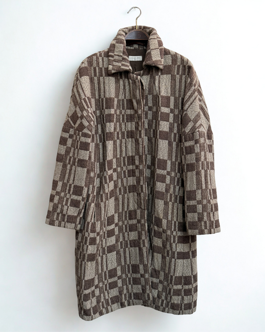 2004 Dries Van Noten beige brown plaid long coat size L