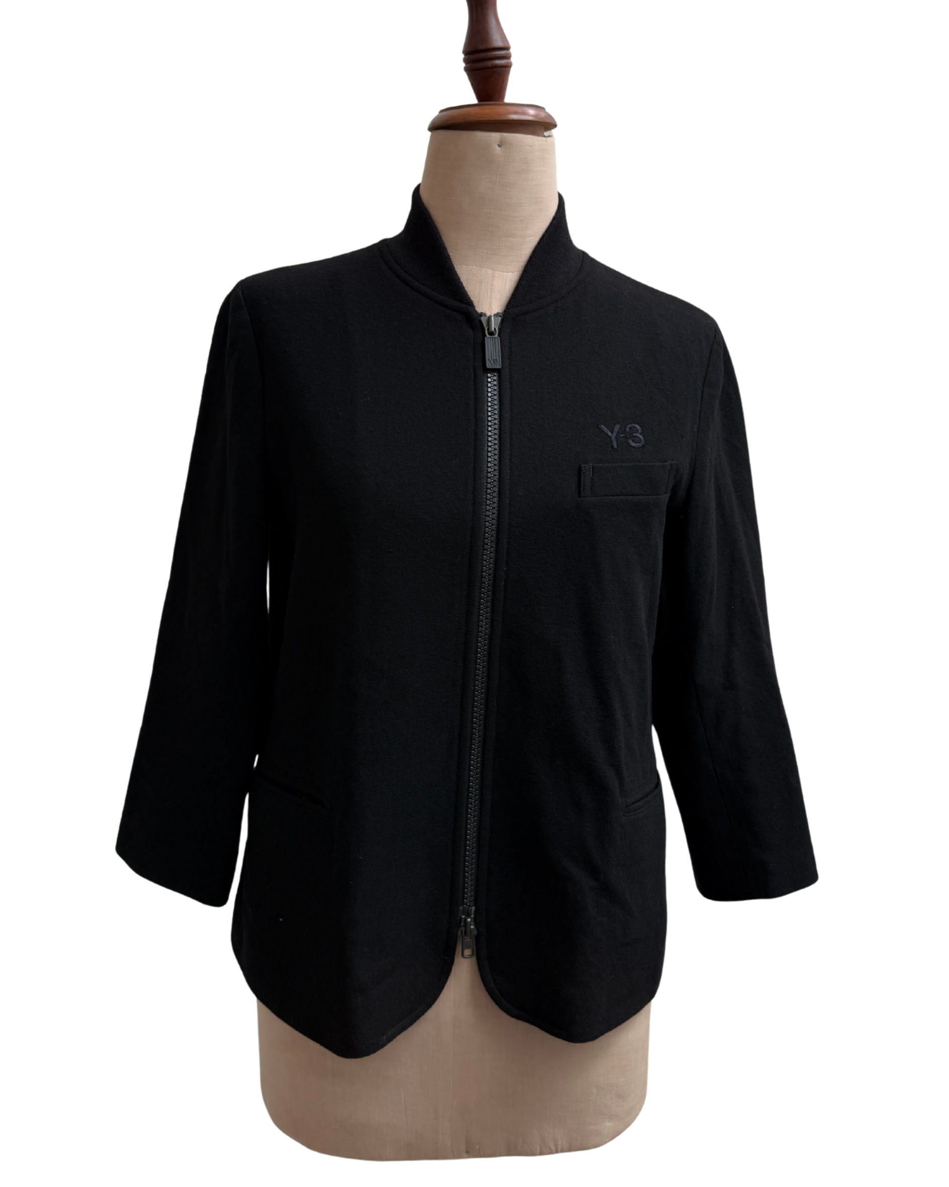 Y-3 black zip jacket front view on mannequin
