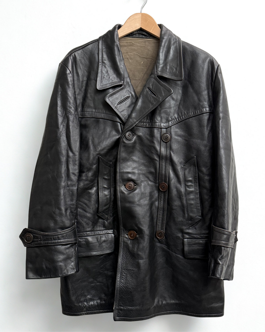 1950s black horsehide double breasted leather coat mens size L