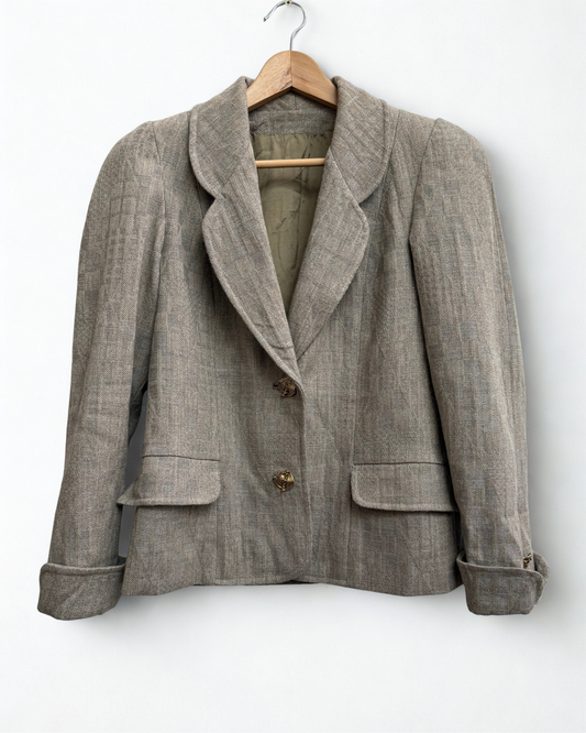 Vintage beige wool jacquard womens blazer with gold buttons