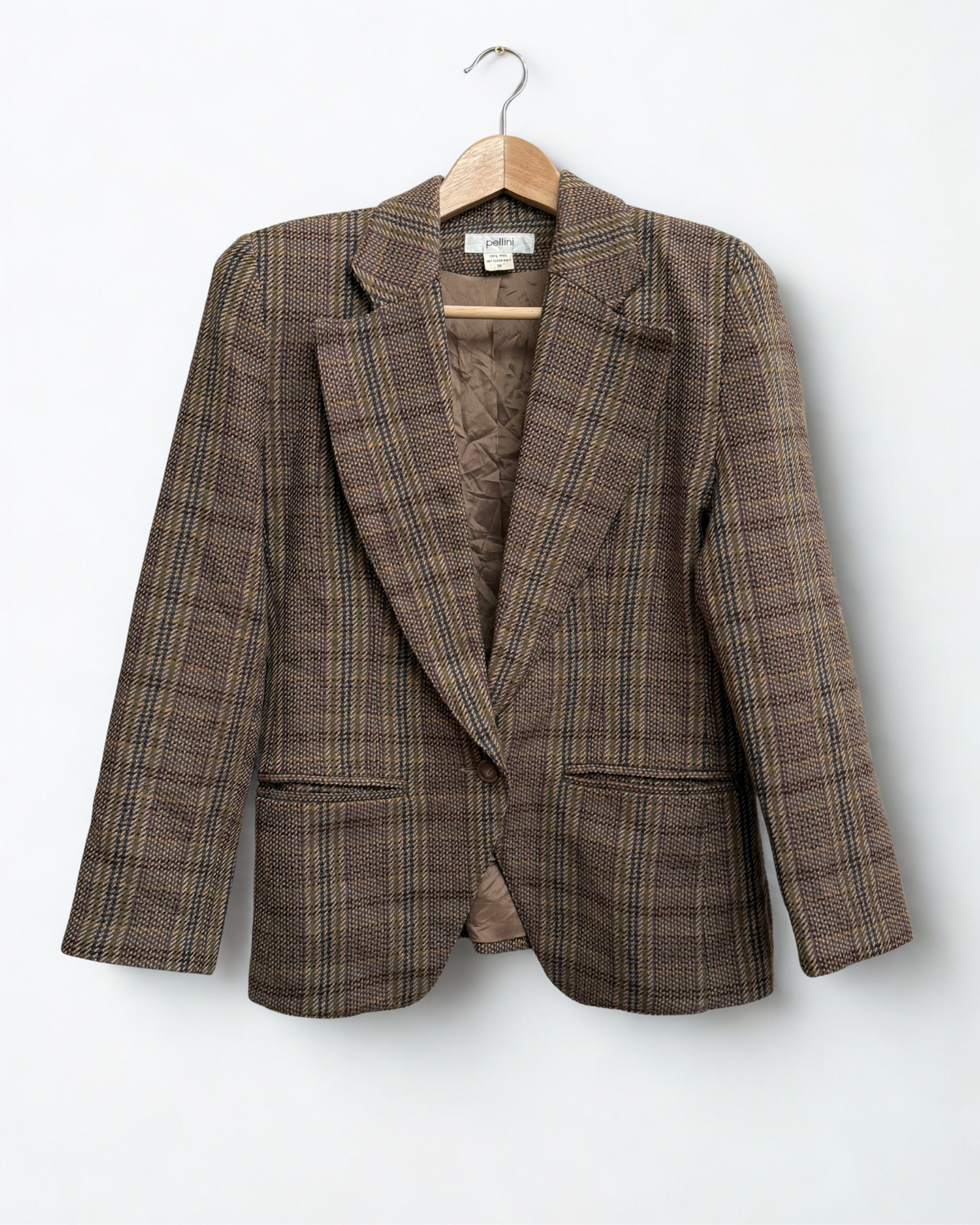 Vintage Pellini brown tartan wool womens blazer