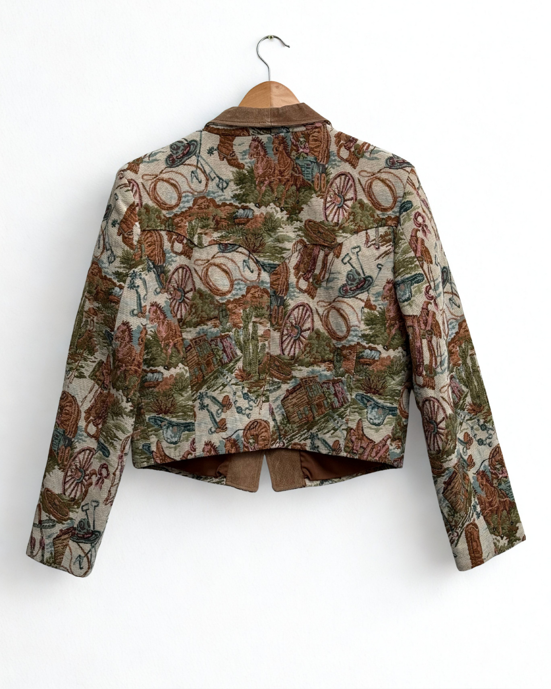 Back view of vintage Pioneer Wear tapestry blazer showing pattern