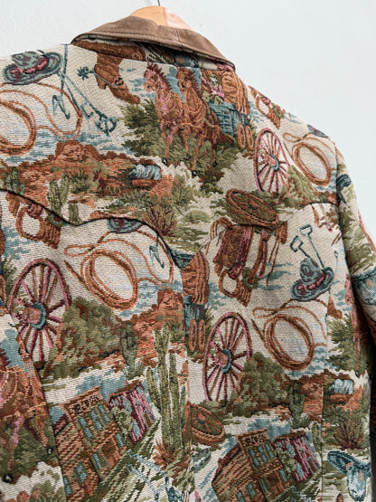 Close up of woven tapestry fabric on back of  Pioneer Wear blazer