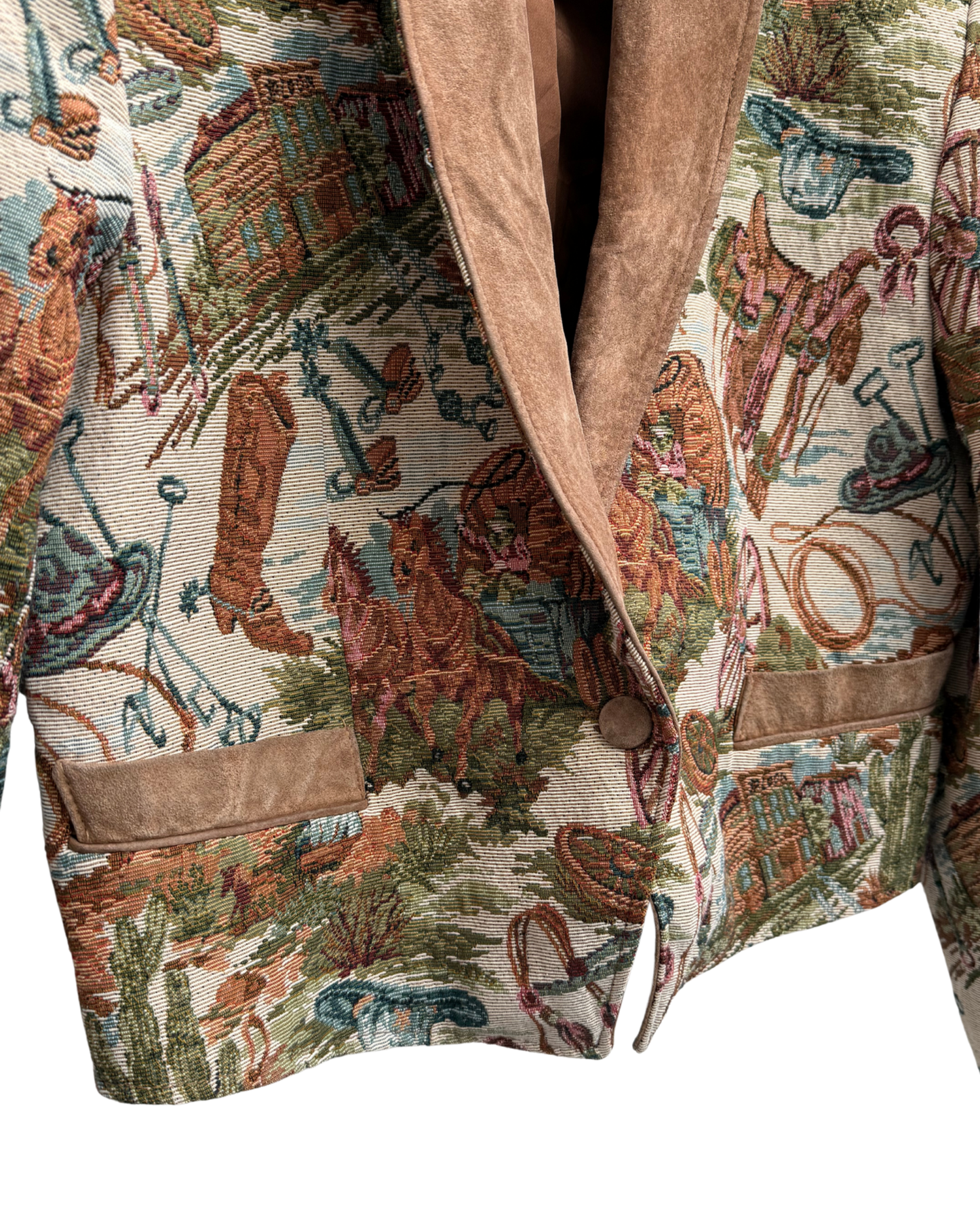Close up of woven tapestry fabric on Pioneer Wear blazer