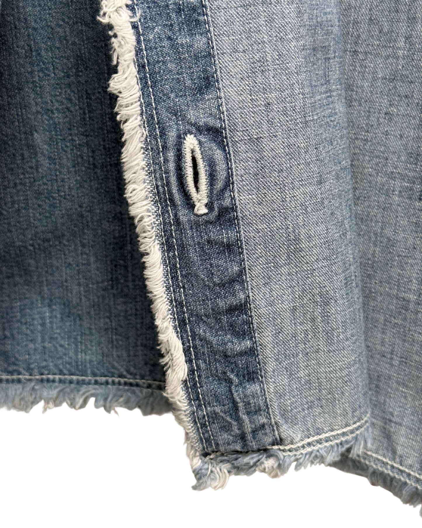 Close-up of a denim fabric with frayed edge and button hole