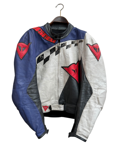 Dainese Vintage 1990s Racing Leather Jacket Checkerboard Blue White Red MotoGP Legend Label Size 50