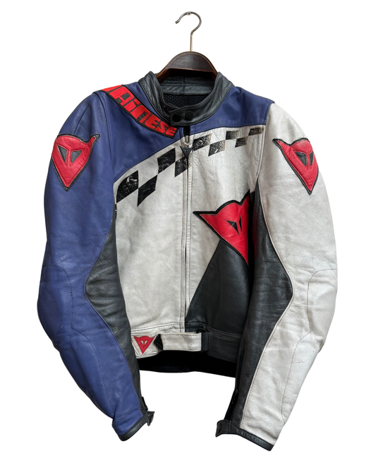 Dainese Vintage 1990s Racing Leather Jacket Checkerboard Blue White Red MotoGP Legend Label Size 50