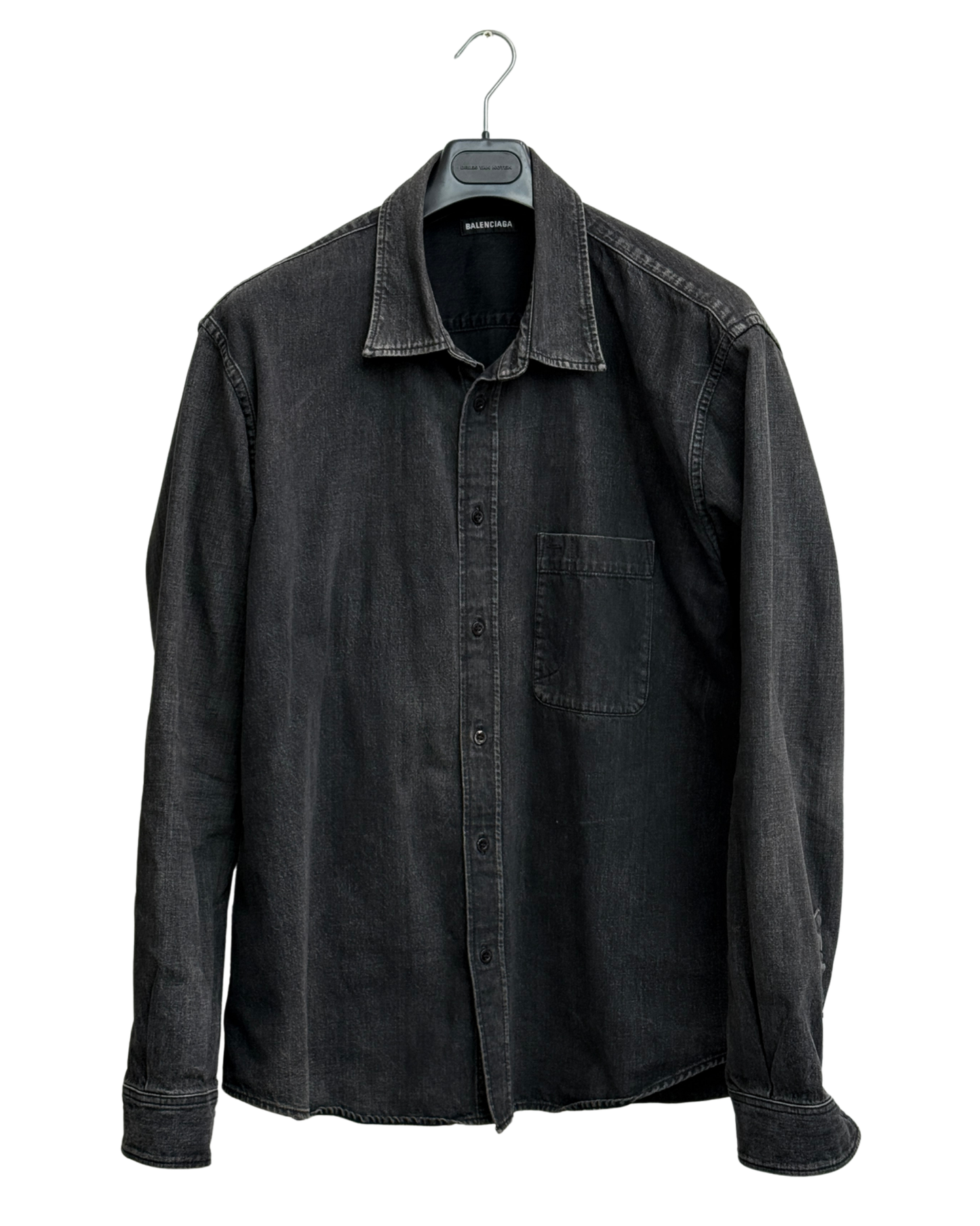 Balenciaga 2019 Washed Black Denim Shirt Red Logo Back Print Branded Buttons Men Size 40 / XXL