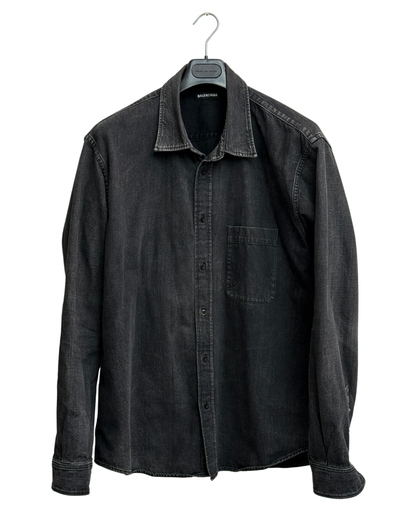 Balenciaga 2019 Washed Black Denim Shirt Red Logo Back Print Branded Buttons Men Size 40 / XXL