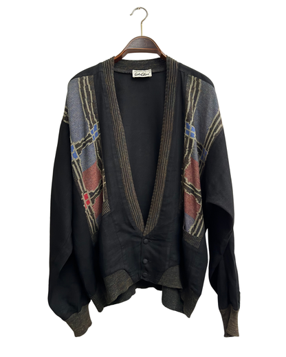 Carlo Colucci Vintage 1980s Hybrid Knit Cardigan Black Multicolour Geometric Intarsia Made in West Germany Size 54