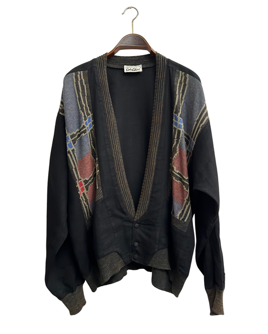 Carlo Colucci Vintage 1980s Hybrid Knit Cardigan Black Multicolour Geometric Intarsia Made in West Germany Size 54