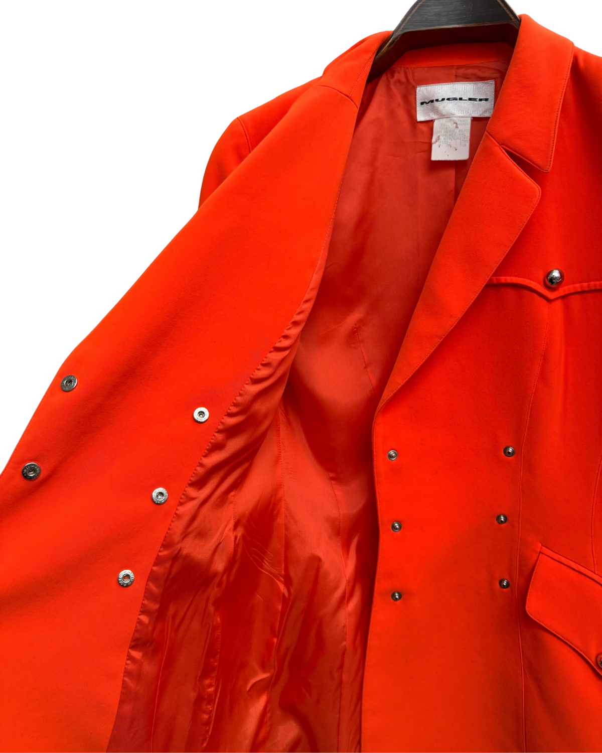Mugler vintage 90s orange double breasted blazer, silver buttons FR 38