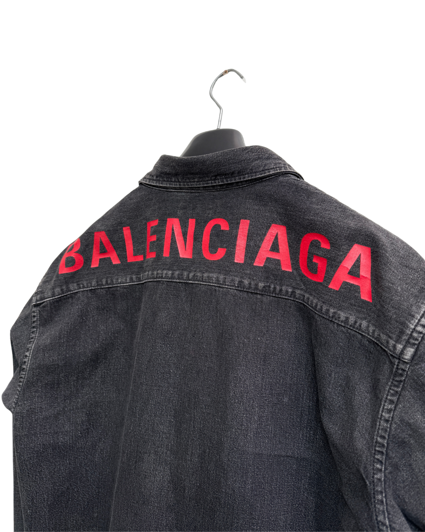 Balenciaga 2019 Washed Black Denim Shirt Red Logo Back Print Branded Buttons Men Size 40 / XXL