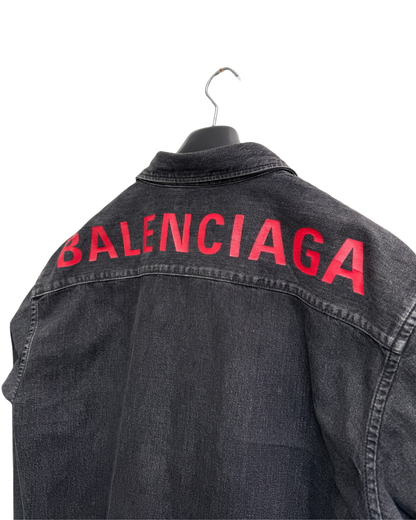 Balenciaga 2019 Washed Black Denim Shirt Red Logo Back Print Branded Buttons Men Size 40 / XXL
