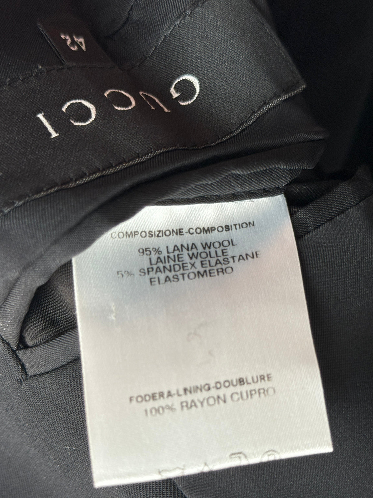 Gucci by Tom Ford blazer, black wool, leather-trimmed pockets, Size 42 IT