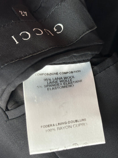 Gucci by Tom Ford blazer, black wool, leather-trimmed pockets, Size 42 IT