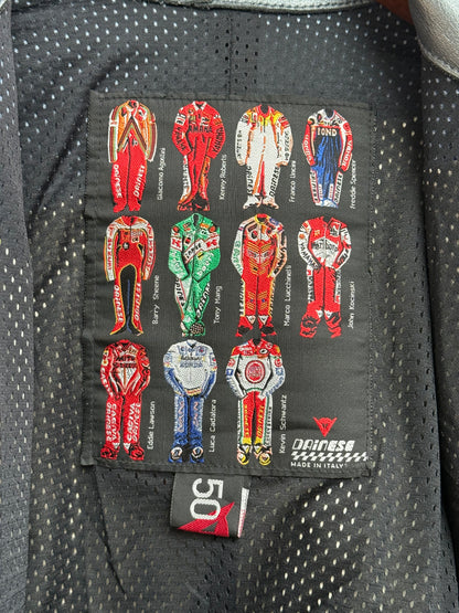 Dainese Vintage 1990s Racing Leather Jacket Checkerboard Blue White Red MotoGP Legend Label Size 50