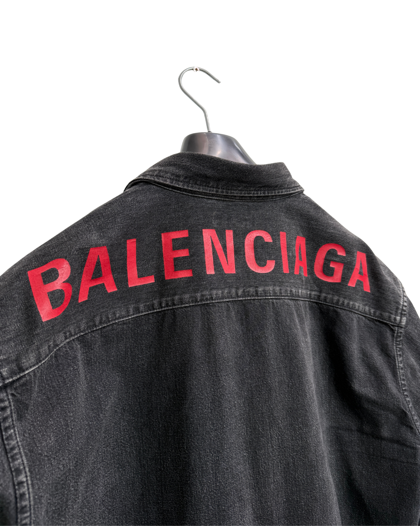 Balenciaga 2019 Washed Black Denim Shirt Red Logo Back Print Branded Buttons Men Size 40 / XXL