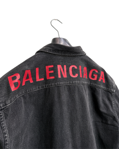 Balenciaga 2019 Washed Black Denim Shirt Red Logo Back Print Branded Buttons Men Size 40 / XXL