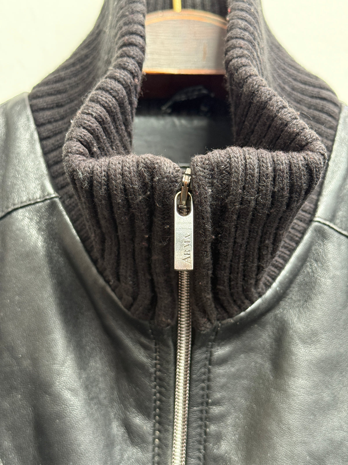 Arma Black Leather and Knit Zip Jacket with Funnel Collar, IT 44, Women