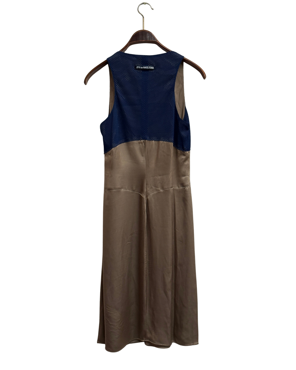 90s JPG Jean's by Gaultier taupe & blue sleeveless midi dress IT 44