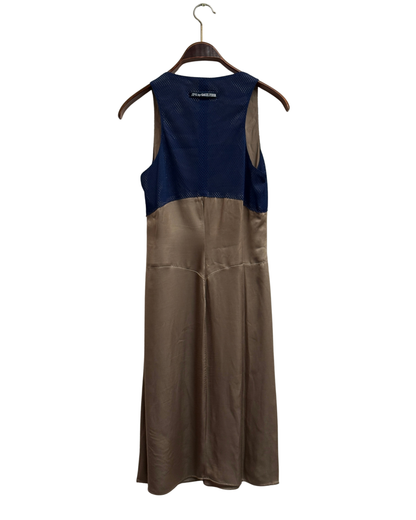 90s JPG Jean's by Gaultier taupe & blue sleeveless midi dress IT 44