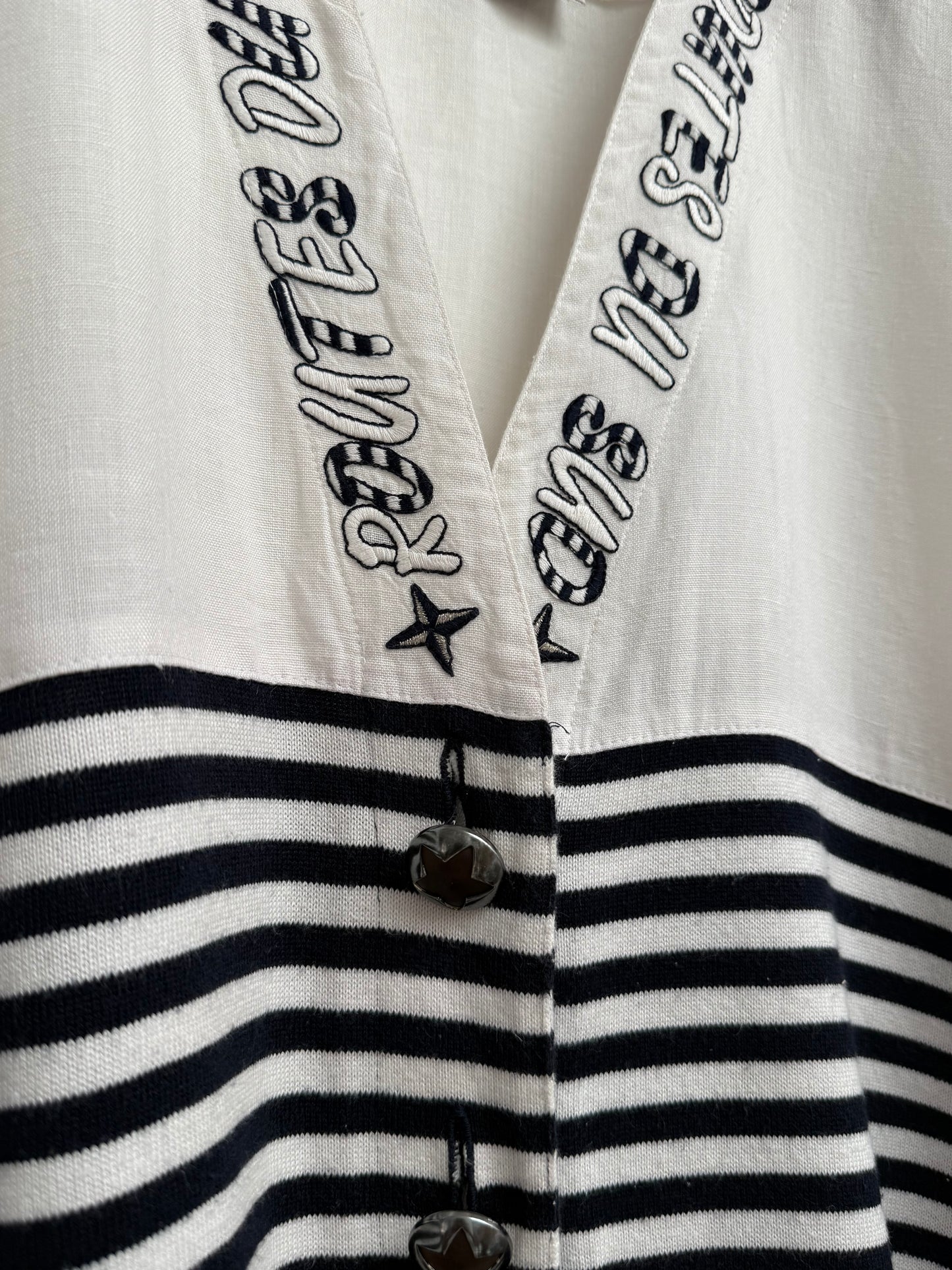 Atenzione by Carlo Colucci Vintage 1990s Marinière Hybrid Cardigan White Navy Embroidered Size 44
