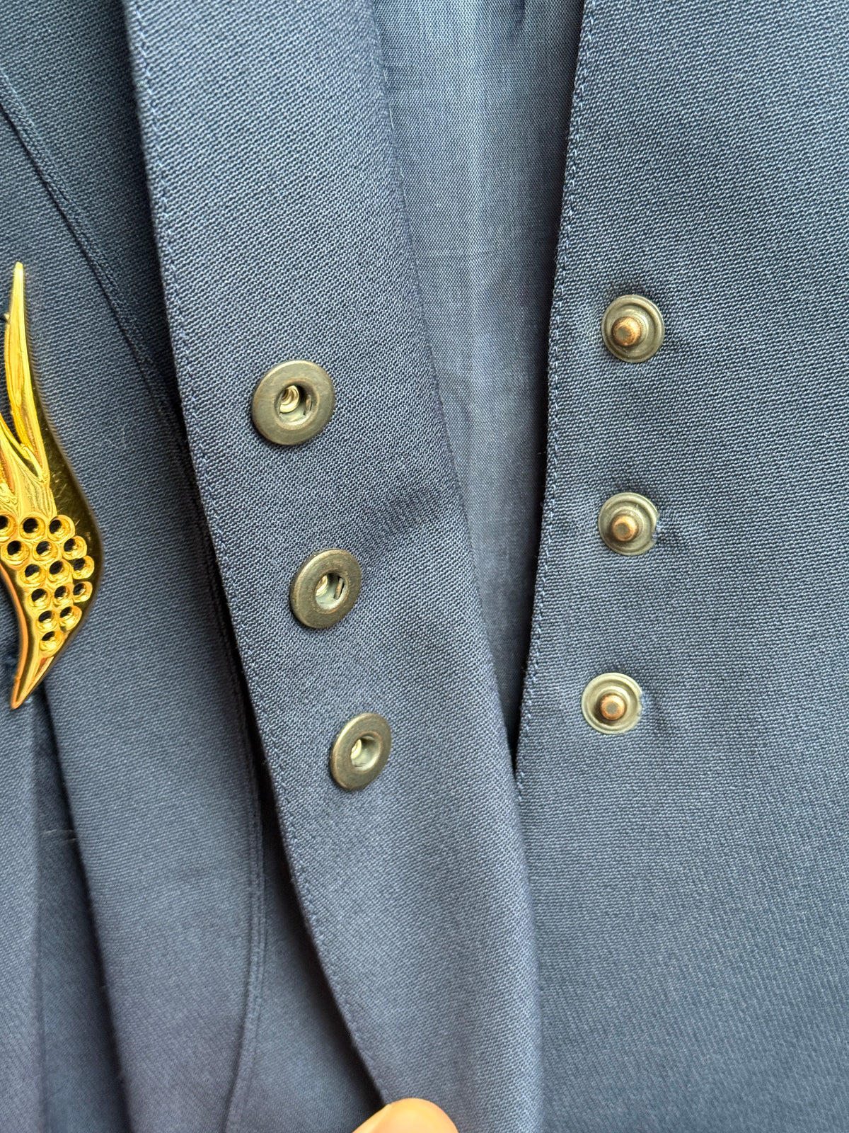 Thierry Mugler vintage navy wool blazer with gold wing motifs size 42
