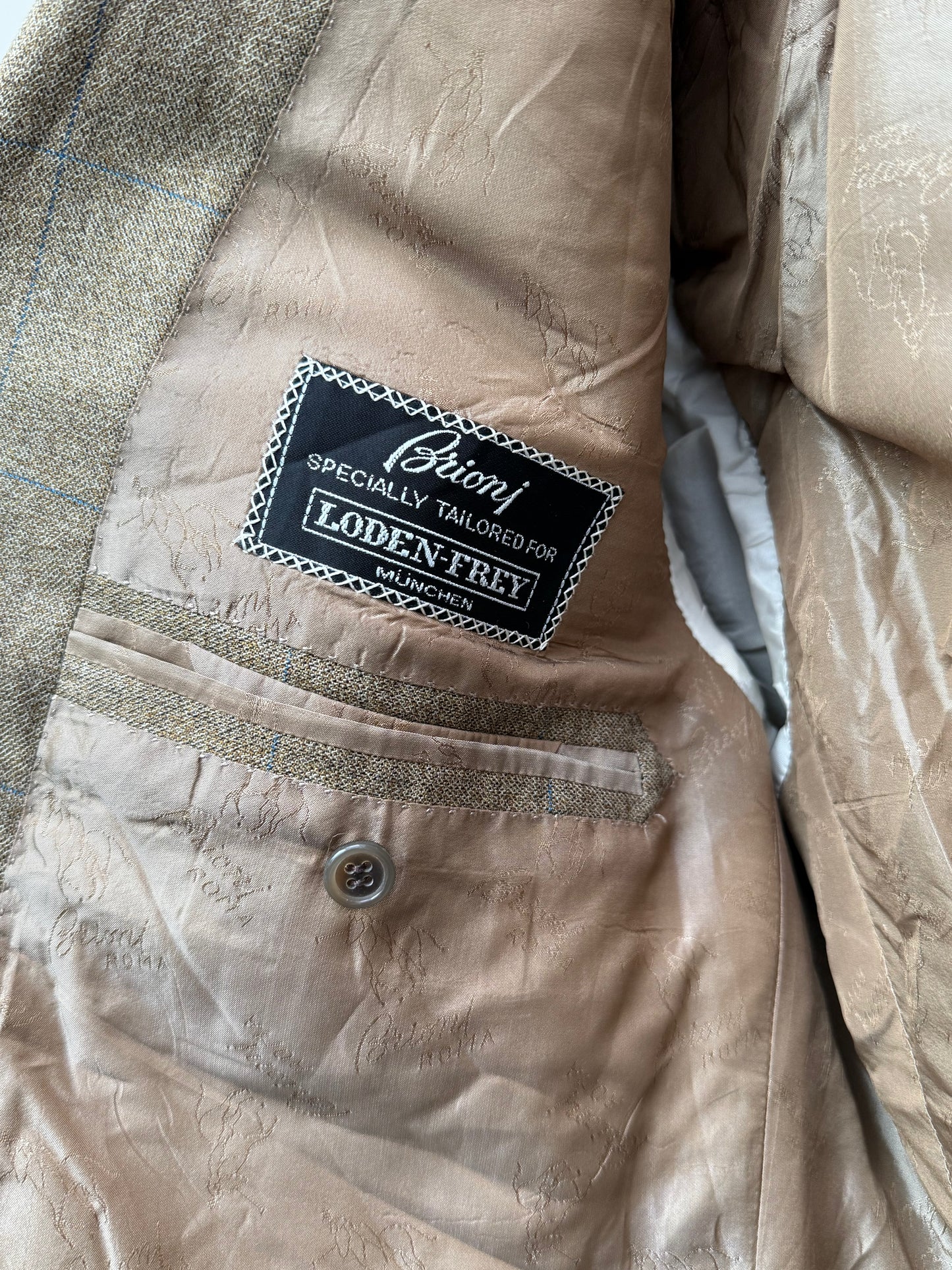 Brioni Vintage Wool Blazer Taupe Windowpane Check Tailored – Aemcy